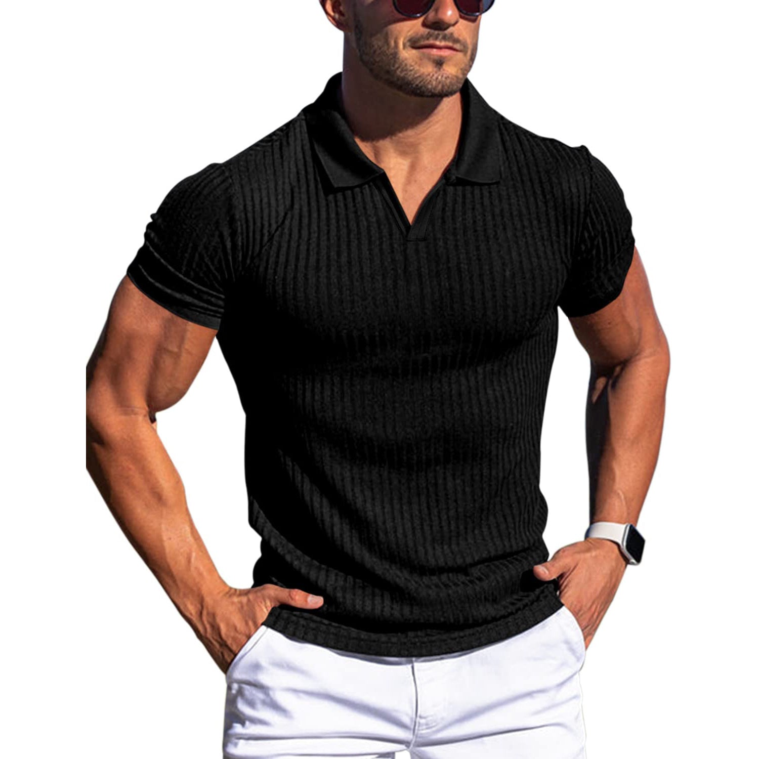 Men’s V-neck polo shirt, short sleeves, vertical stripe texture, black