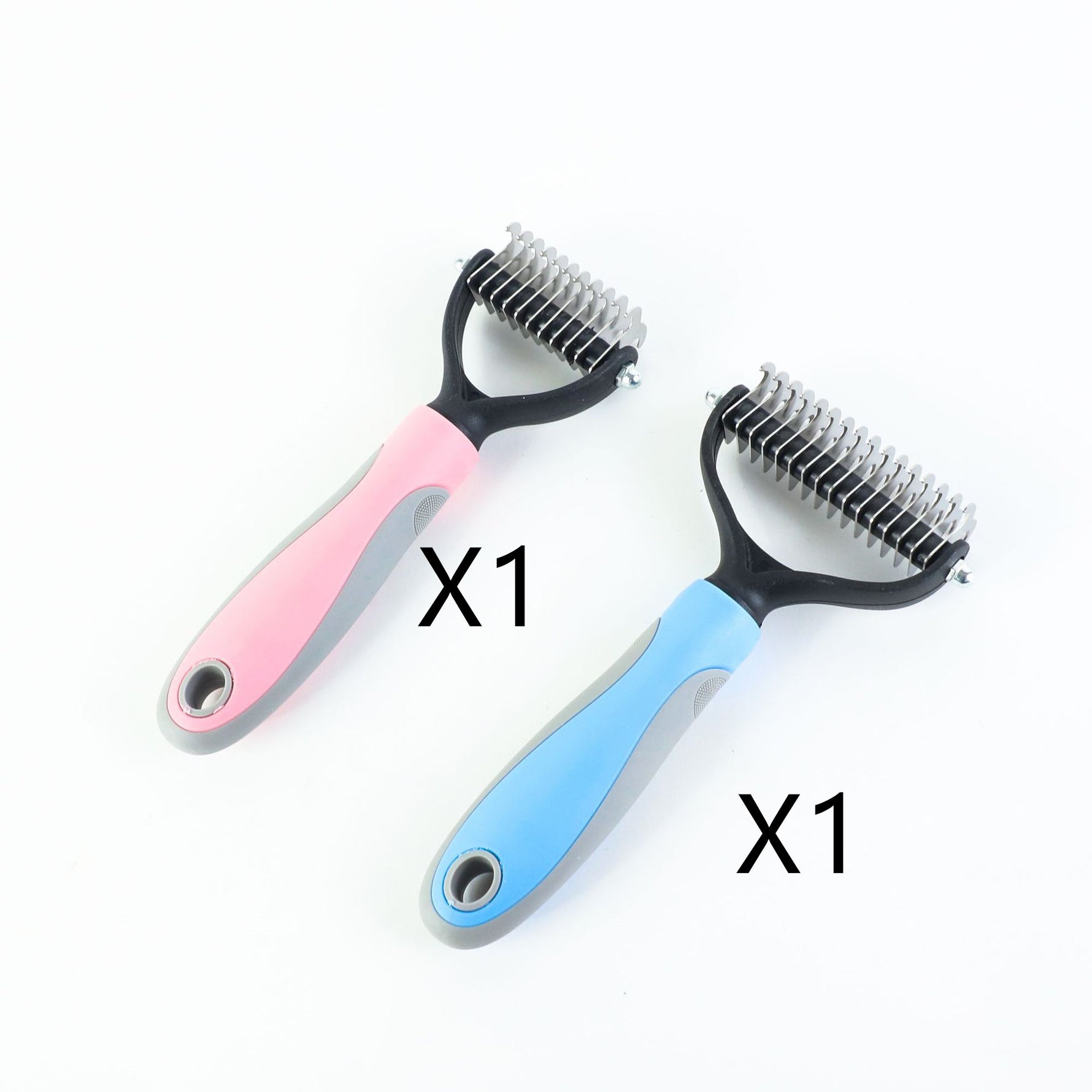 Pink and blue pet dematting brushes with stainless steel pin combs