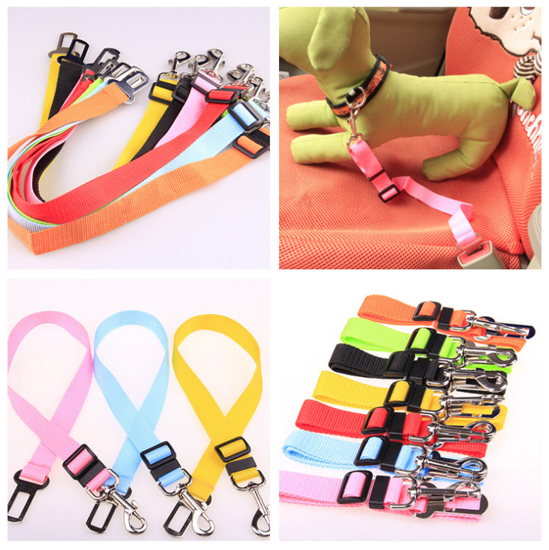 Assorted adjustable dog car seat belt straps with metal hooks and buckles