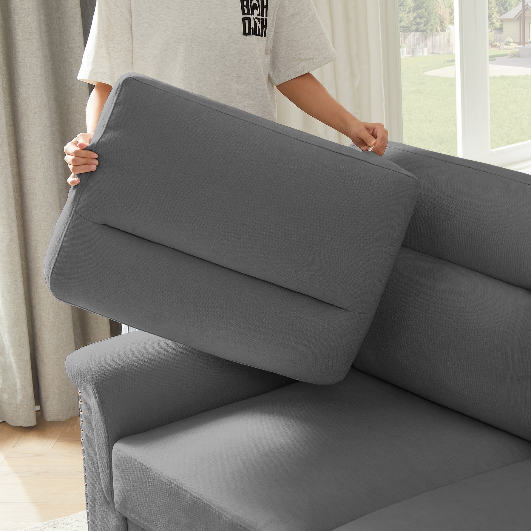 Sofá de 3 plazas de tejido Snowfleece comprimido moderno 82, para sala de estar, dormitorio, oficina y espacios de entretenimiento, gris