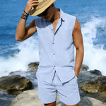 Linen sleeveless shirt & shorts set in light blue, open collar, chest pocket