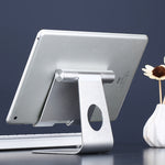 Adjustable aluminum phone and tablet stand with circular support bar, silver finish