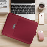 Laptop sleeve bag in red PU leather with front pocket and stitched flap