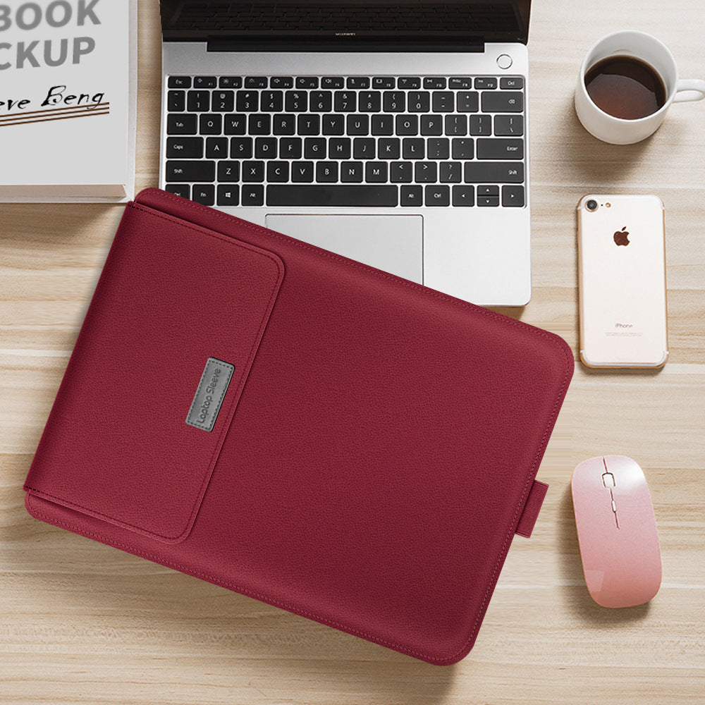 Laptop sleeve bag in red PU leather with front pocket and stitched flap