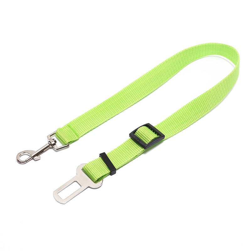 Adjustable dog car seat belt strap in light green with metal clips and buckle adjuster.