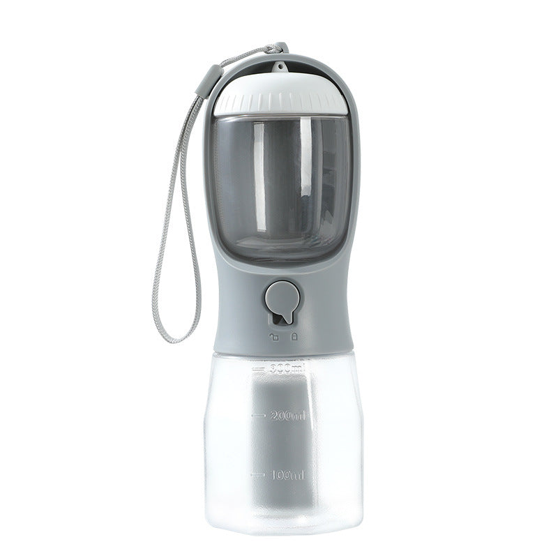 Portable pet water bottle cup with 300ml markings, light gray body and clear jug
