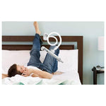 White flexible phone and tablet stand with long spiral arm and cradle