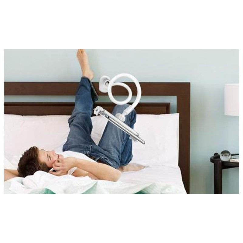 White flexible phone and tablet stand with long spiral arm and cradle