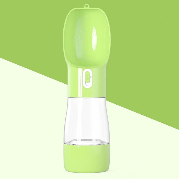 2-in-1 dog water and food travel bottle, green translucent base, flip-top lid