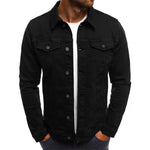 Men's denim button-front jacket with two chest flap pockets, black color.