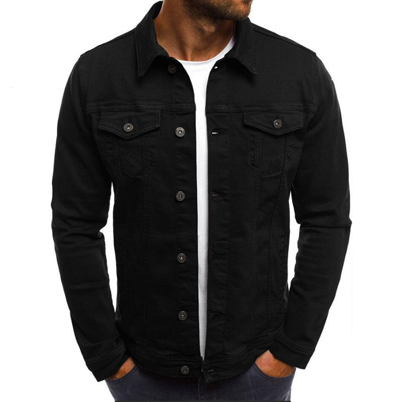 Men's denim button-front jacket with two chest flap pockets, black color.