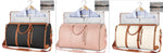 Three foldable waterproof duffle bags, dark and pink and cream with tasseled zips