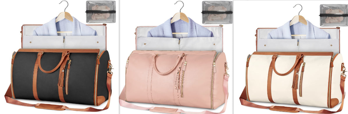 Three foldable waterproof duffle bags, dark and pink and cream with tasseled zips