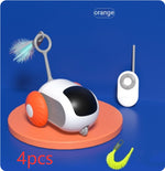 Interactive cat chase car toy on orange round base with antenna remote and feather brush