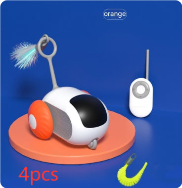 Interactive cat chase car toy on orange round base with antenna remote and feather brush