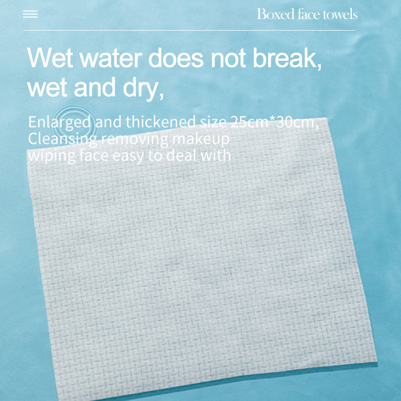 Boxed disposable face towels, white sheet with fine textured pattern