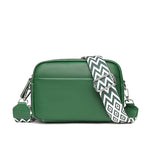 Green small square leather crossbody bag with zip top and wide rhombus embroidered strap
