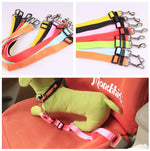 Set of adjustable dog car seat belt straps in multiple colors with metal clips