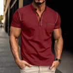 Men's wine red henley polo T-shirt, short sleeves, 3-button placket, chest pocket
