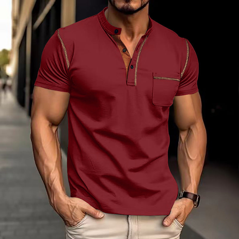 Men's wine red henley polo T-shirt, short sleeves, 3-button placket, chest pocket