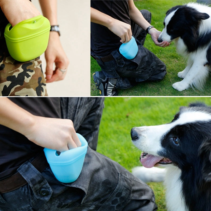 Lime green and light blue pet treat waist bag shown during dog training