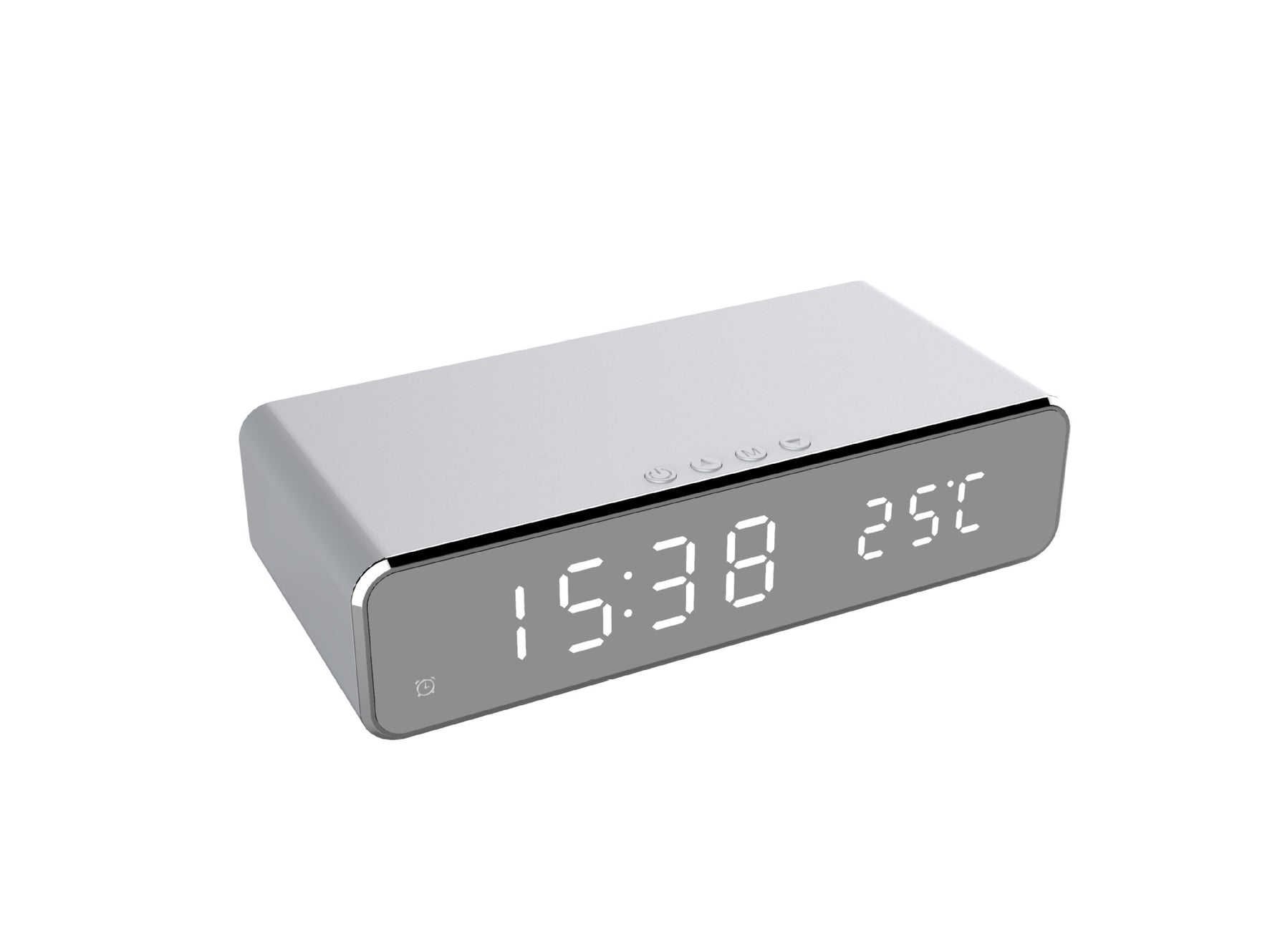 LED alarm clock side view with LED time 5:30 and temperature 25° display