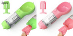 Pet water bottle feeder bowl with waste bag dispenser, green and pink color bottles.