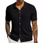 Black knitted polo shirt with point collar, short sleeves, button placket