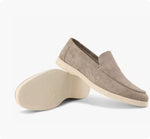 Men's suede loafers, taupe slip-on driving style with cream rubber sole