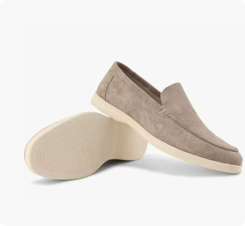 Men's suede loafers, taupe slip-on driving style with cream rubber sole