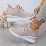 Women's rhinestone wedge sneakers, blush pink knit lace-up with rhinestone geometric detail