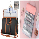 Dark waterproof travel duffel with tan trim, open clothing organizer, and clear mesh pocket