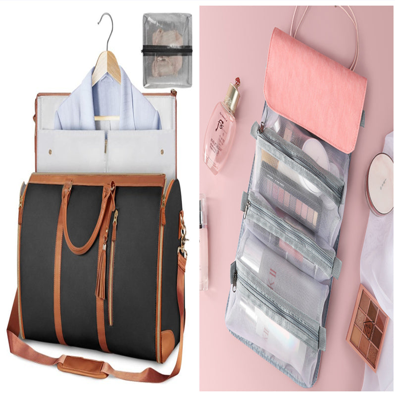 Dark waterproof travel duffel with tan trim, open clothing organizer, and clear mesh pocket