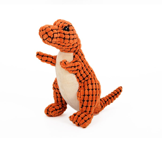 Orange plush dinosaur dog toy with black pattern and white belly in standing pose