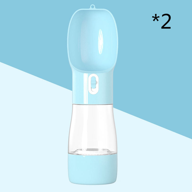 Blue 2-in-1 dog water and food bottle with drinking cap and base