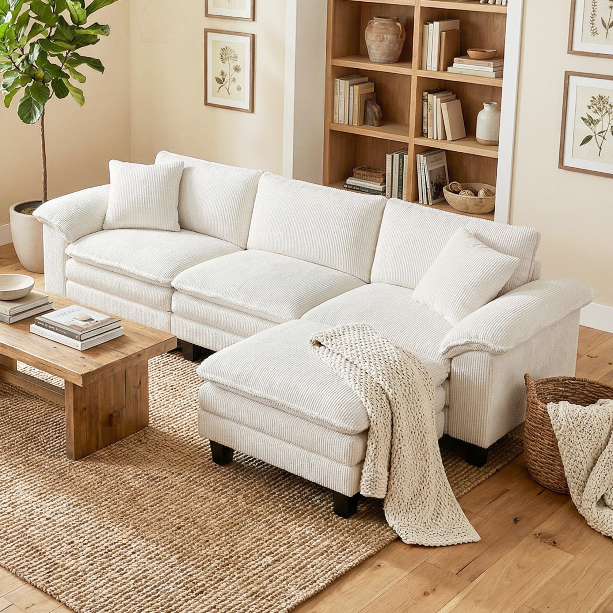 Sofá seccional, sofá en forma de L con asiento profundo, otomana móvil y reposabrazos con almohadilla, beige