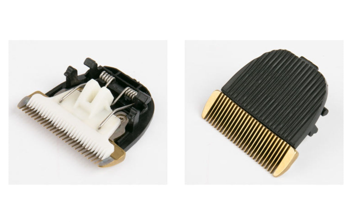 Pet hair clipper comb attachments showing black and gold blade covers