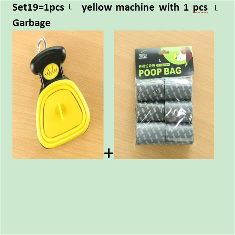 Bright yellow foldable dog poop scooper with black top, includes poop bag pack.