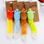 Packaged plush long-tail mouse cat toys in orange, blue, brown, and green