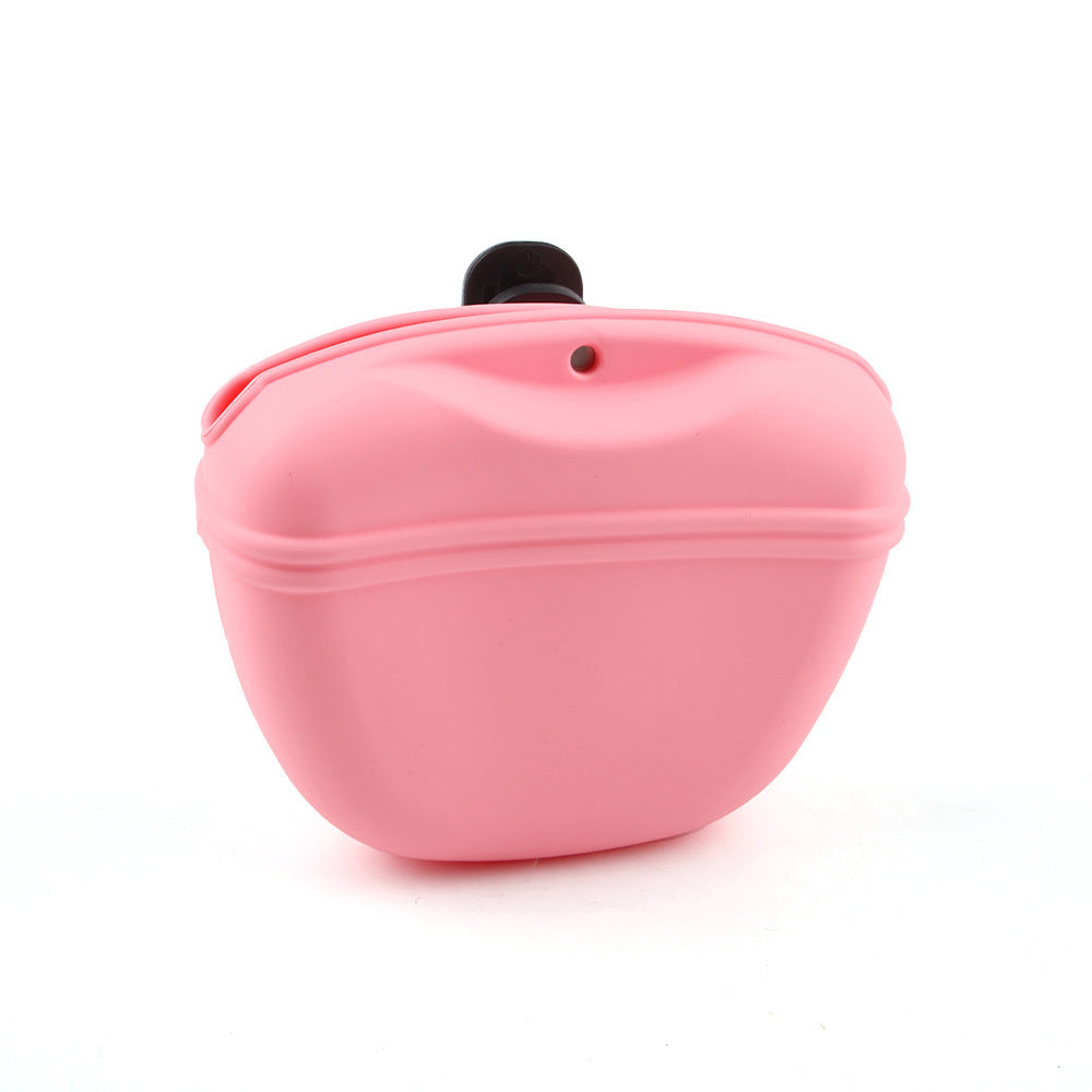 Pink silicone treat waist bag with snap-closure lid and black ring