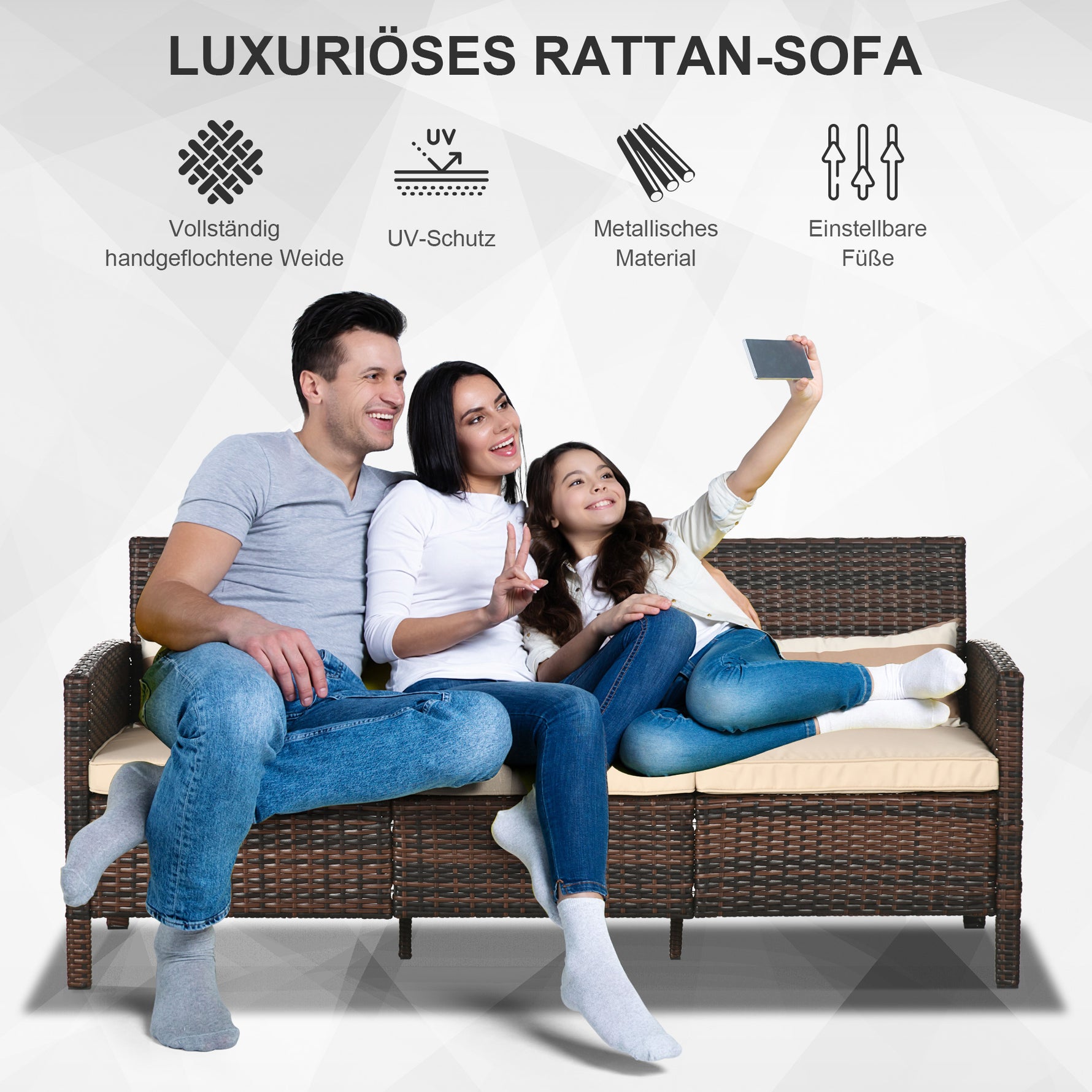 Rattan Sofa Mit Kissen, Dreisitzer, Garten Loungesofa, Stahl, Braun, 173 X 68 X 78 Cm