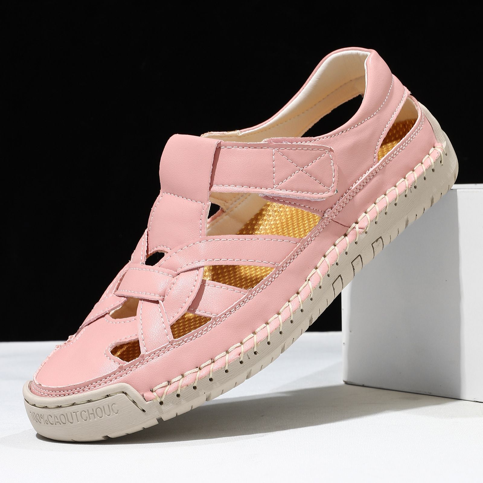 Women's Roman flat woven soft-sole shoes in pink, open-toe woven upper