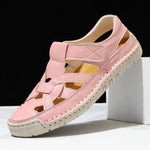 Women's Roman flat woven soft-sole shoes in pink, open-toe woven upper