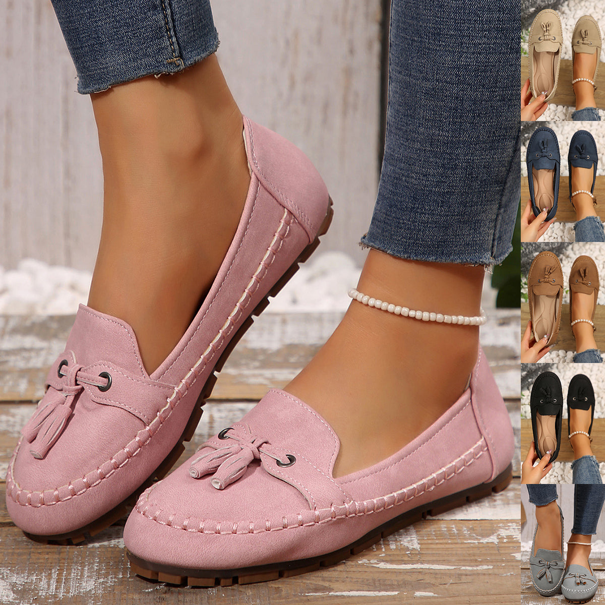 Women’s pink suede loafers with round toe, tassel lace, stitched flat sole