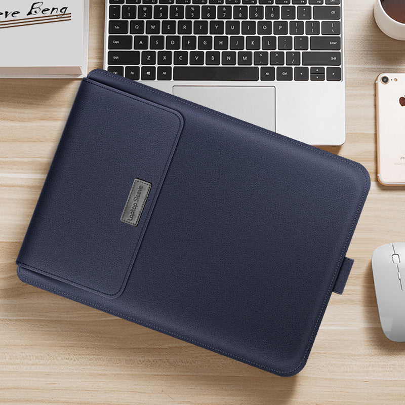 Laptop sleeve bag in navy blue PU leather with front pocket and stitched flap