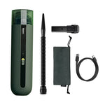 Wireless car vacuum cleaner kit in green with hose, nozzle, and cleaning cloth