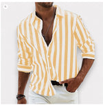 Men's striped button-up long-sleeve shirt with white and yellow vertical stripes