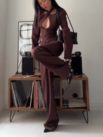 Chic & Confident Brown Crop Top with High-Waist Pants Suit for Effortless Style