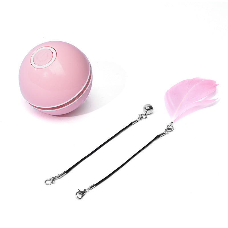 Pink LED rolling cat toy ball with black tether straps and pink feather