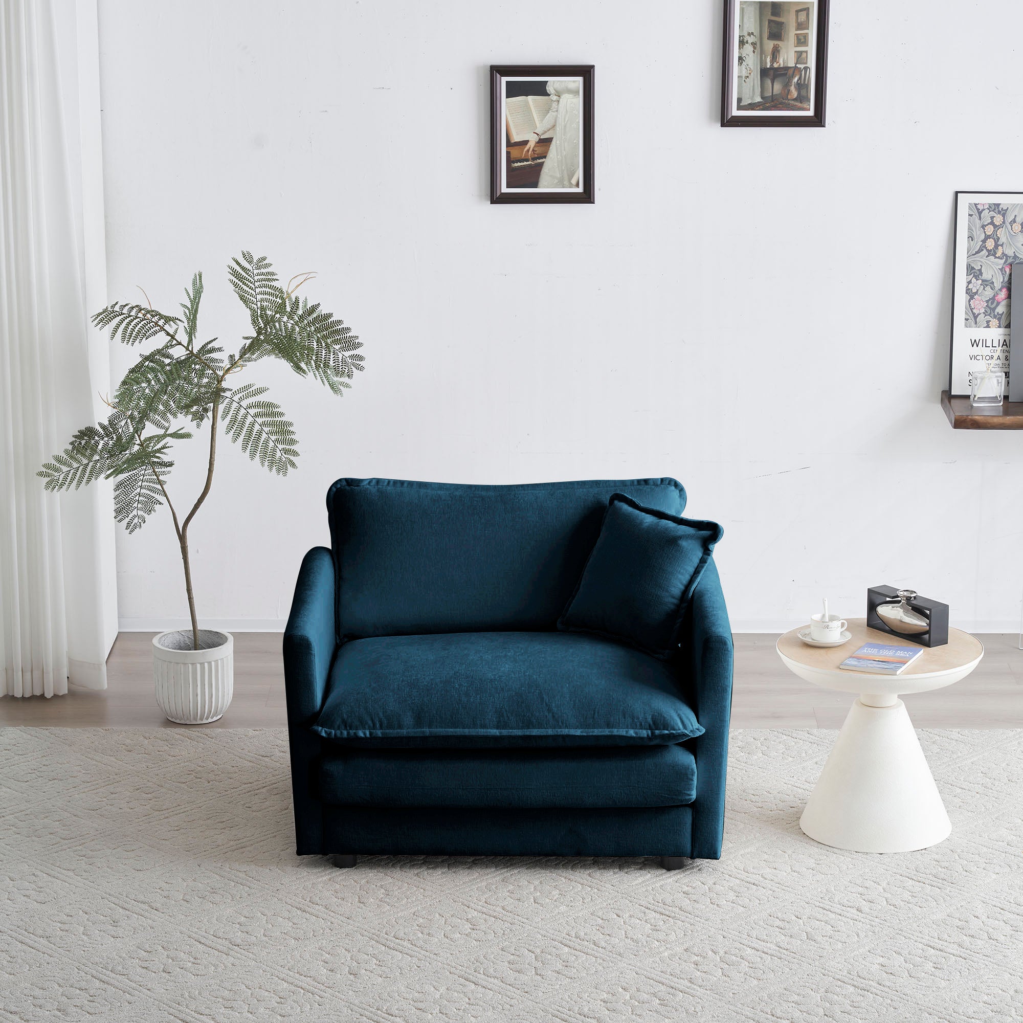 Sofá Cómodo de Un Solo Asiento Profundo, Sillón de Lectura Tapizado para Sala de Estar, Tela de Chenilla Azul, 1 Cojín Decorativo